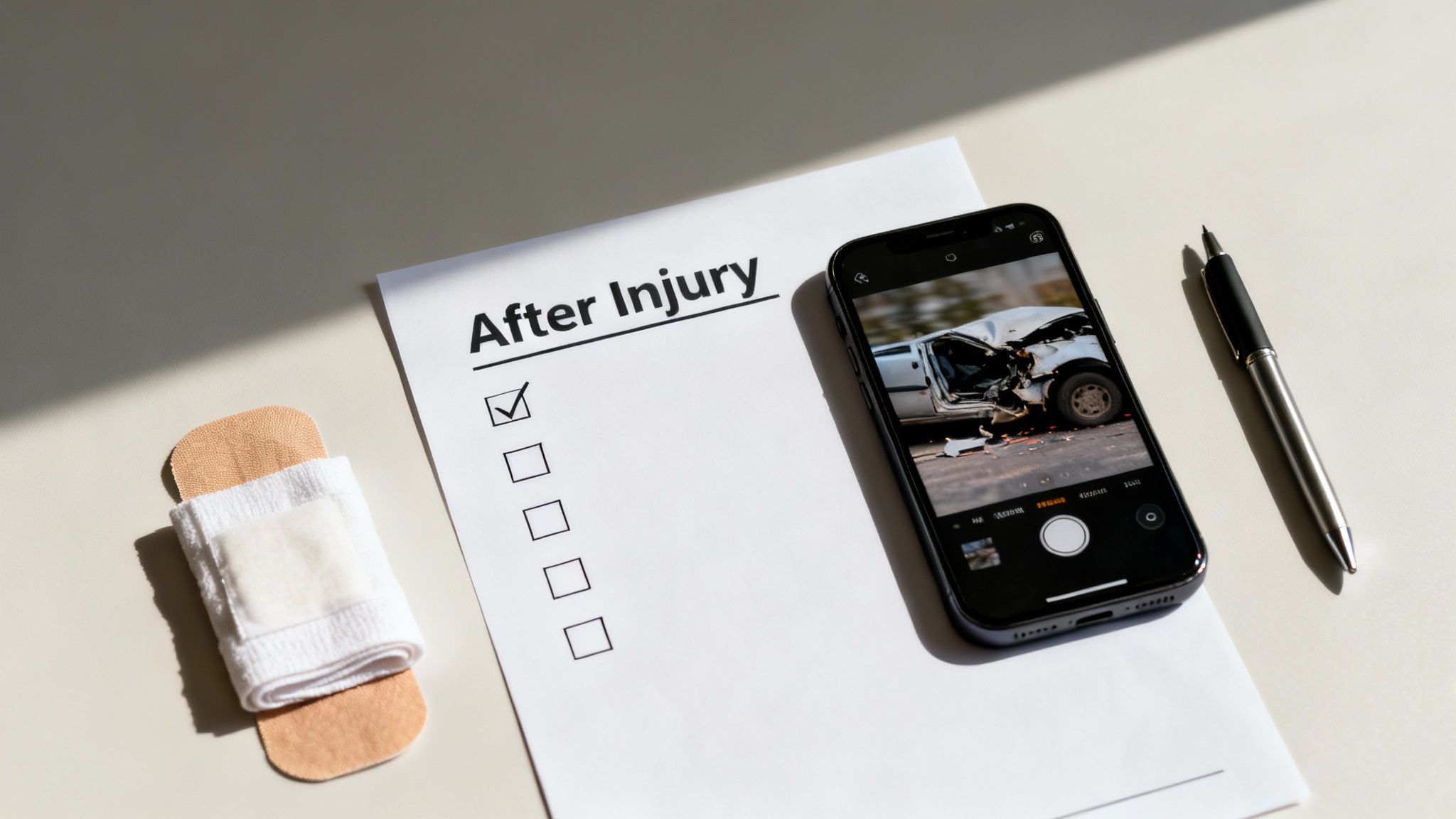 A checklist titled 'After Injury' with a checked box, a phone showing a car crash, a pen, and bandages.