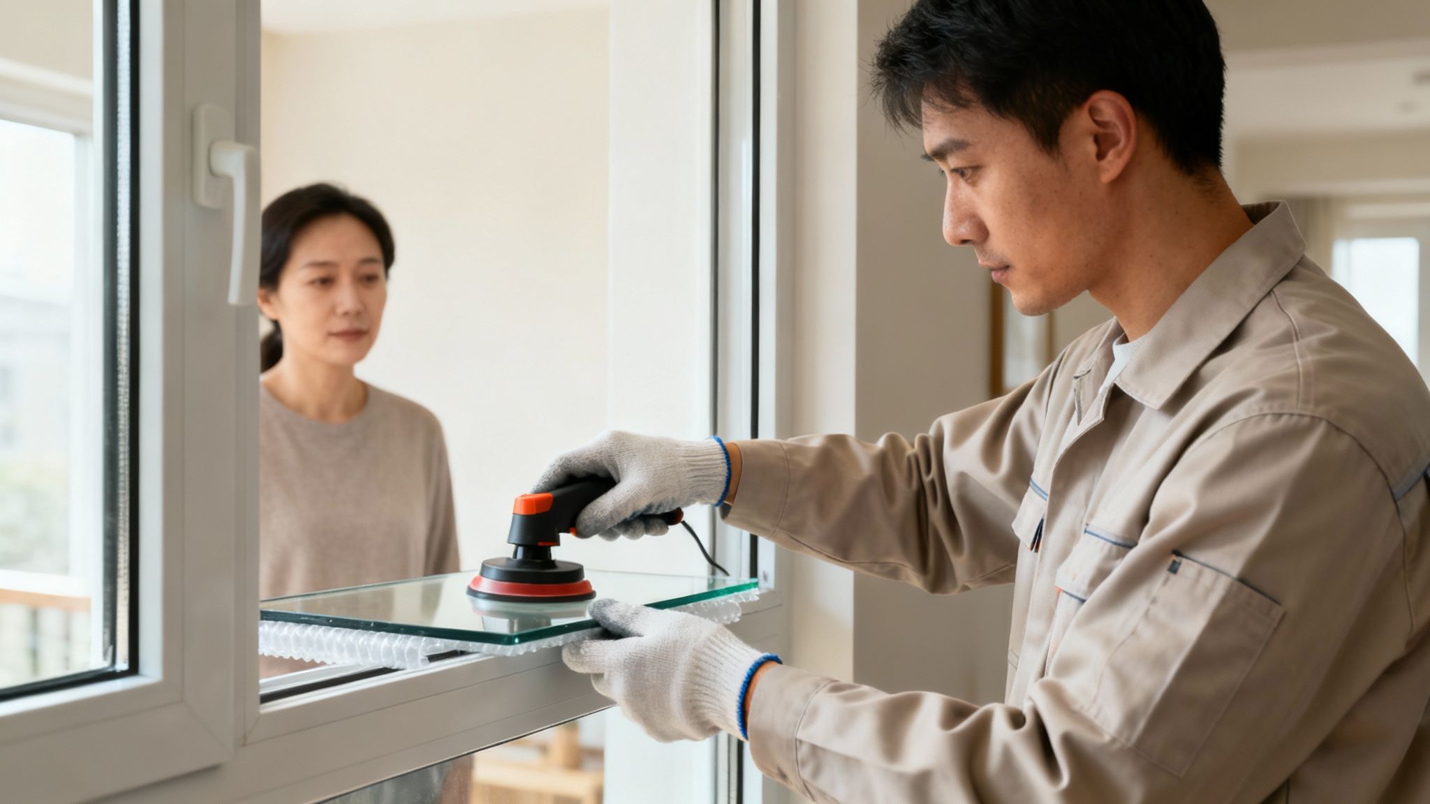 Skilled technician carefully installing a new double-pane window in a home, with a woman observing.