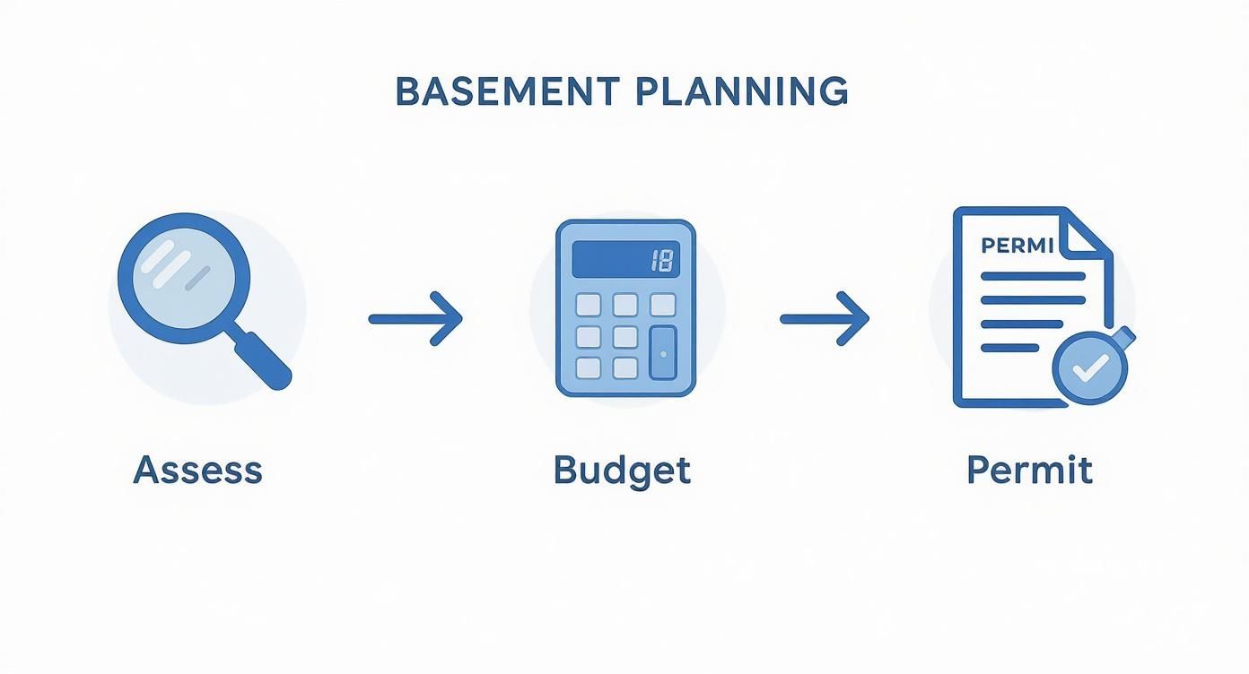 Three step basement planning process showing assessment magnifying glass, budget calculator, and permit approval document icons