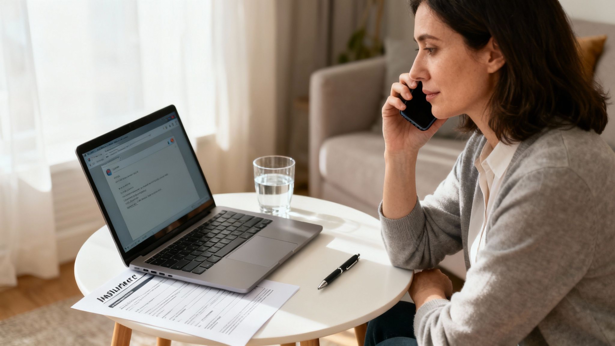 Woman on phone at home, looking at a laptop and insurance documents on a table.
