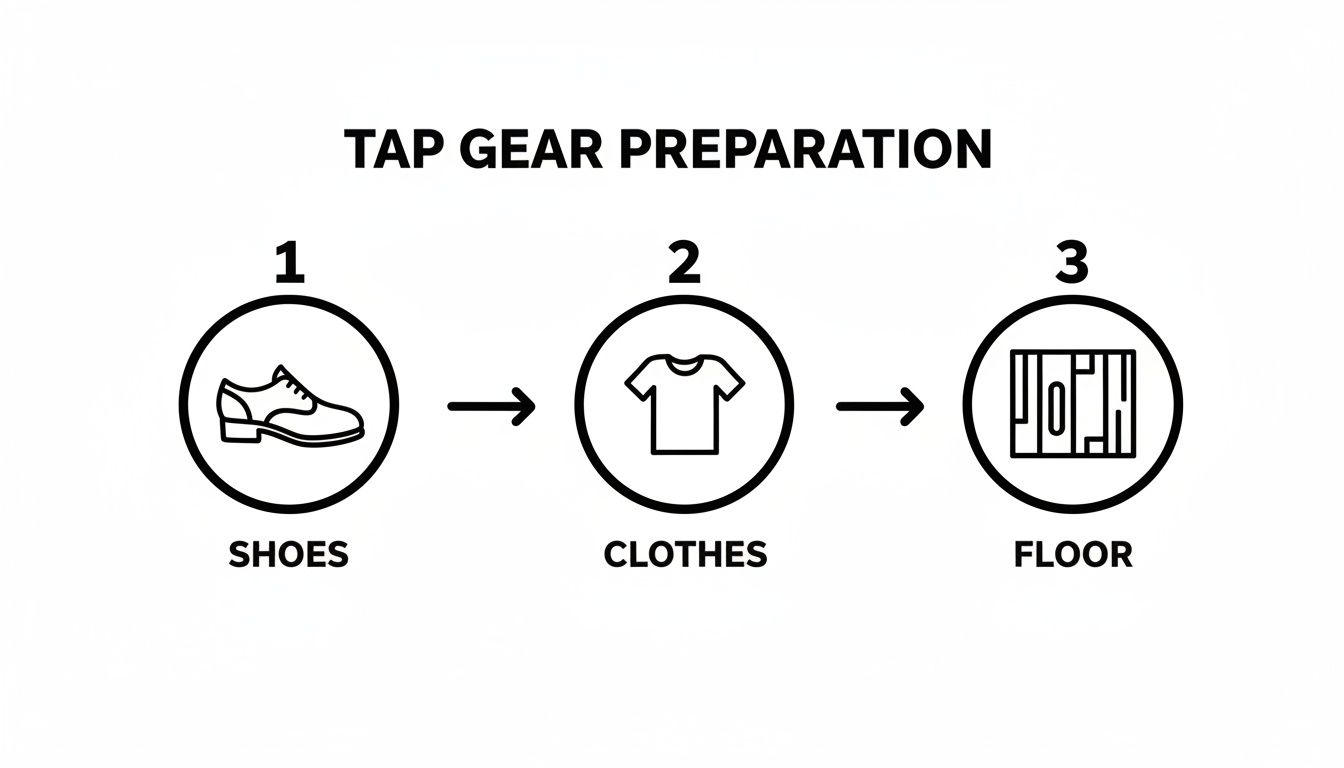 A three-step infographic for tap gear preparation showing shoes, clothes, and a floor.