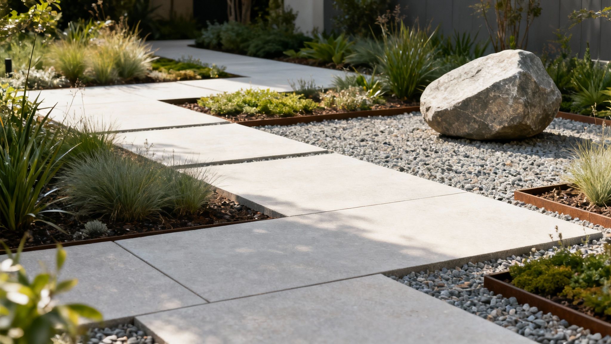 A modern garden path with large rectangular pavers, surrounded by gravel, plants, and a large boulder.