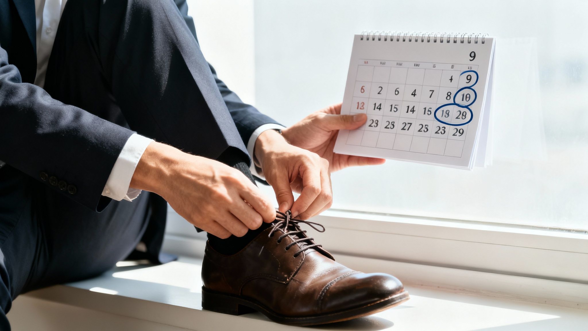 Businessman ties his brown leather shoe while holding a calendar with important dates circled.