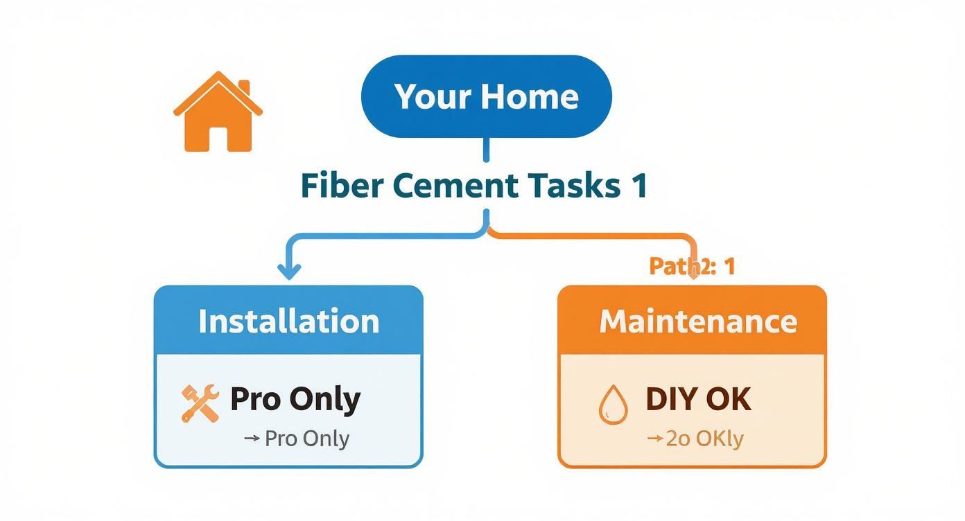 Flowchart detailing fiber cement tasks for home, separating installation as pro-only and maintenance as DIY.