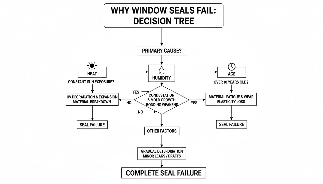 A decision tree diagram explaining the primary causes of window seal failure due to heat, humidity, and age.