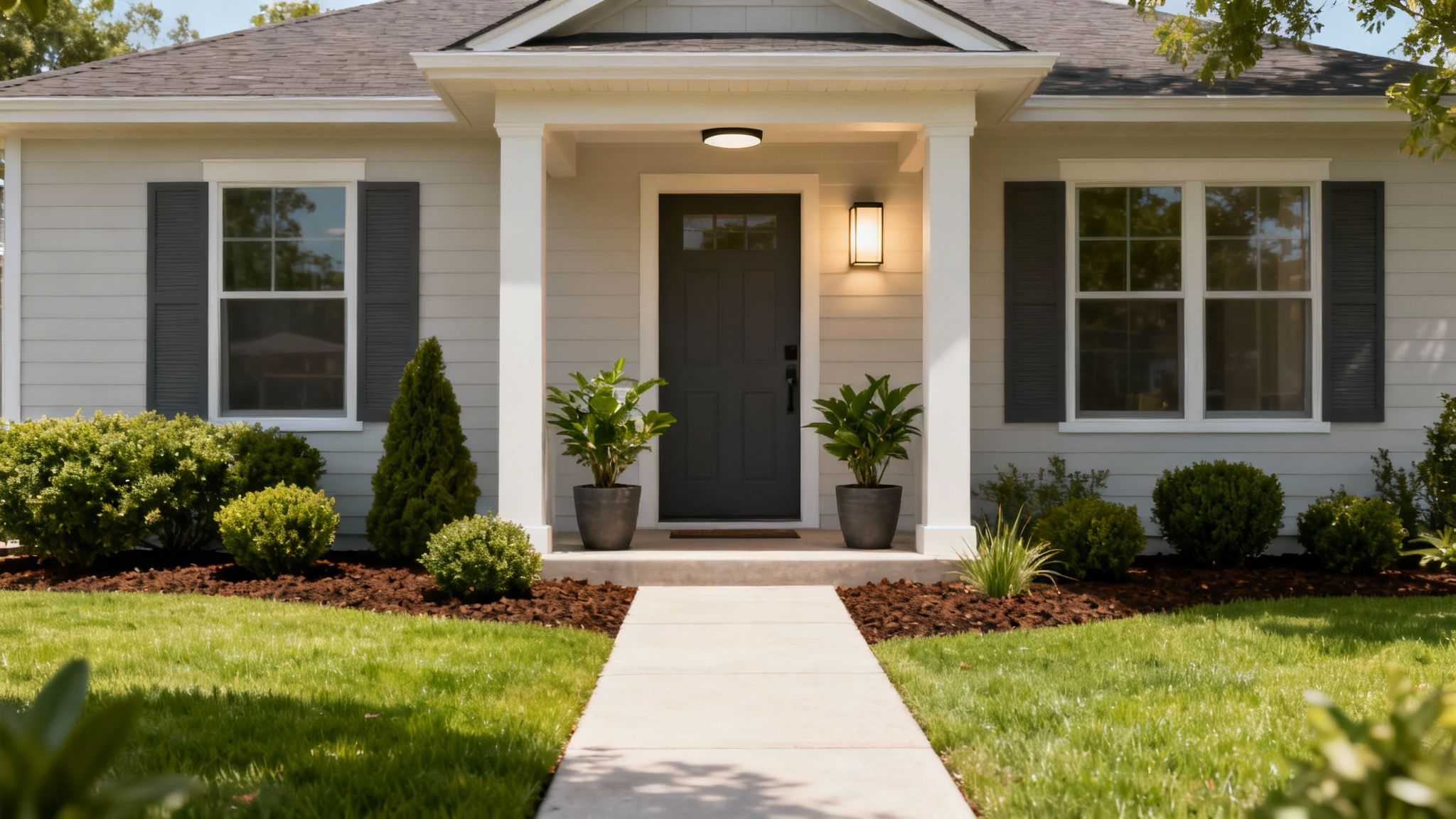 A welcoming light gray house with a dark gray front door, white trim, well-maintained lawn, and green landscaping.