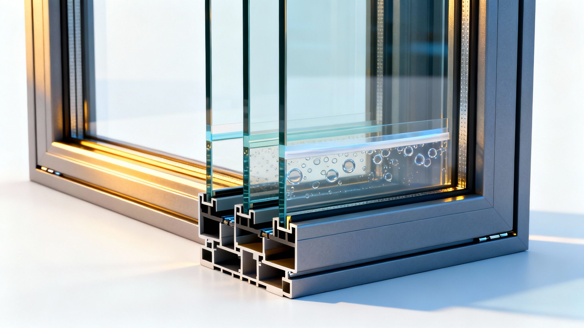 Detailed cross-section of a modern triple-glazed window frame with gas-filled insulation.