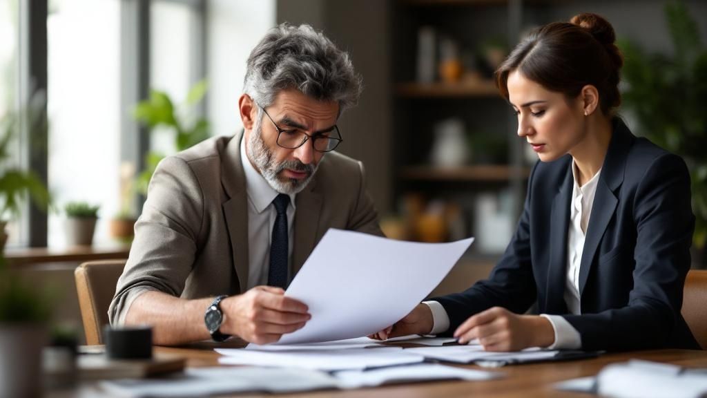 Lawyer reviewing legal documents at a desk