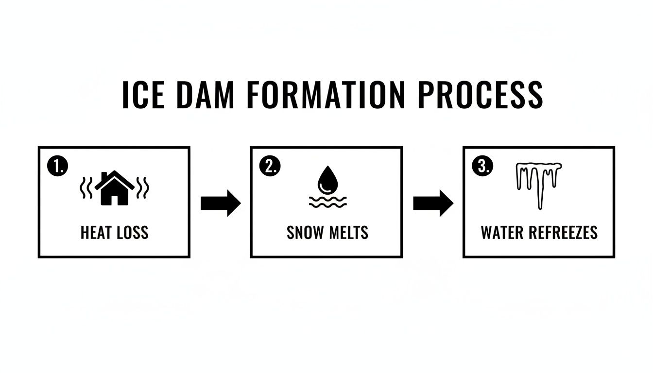 A diagram illustrating the three-step ice dam formation process: heat loss, snow melts, and water refreezes.