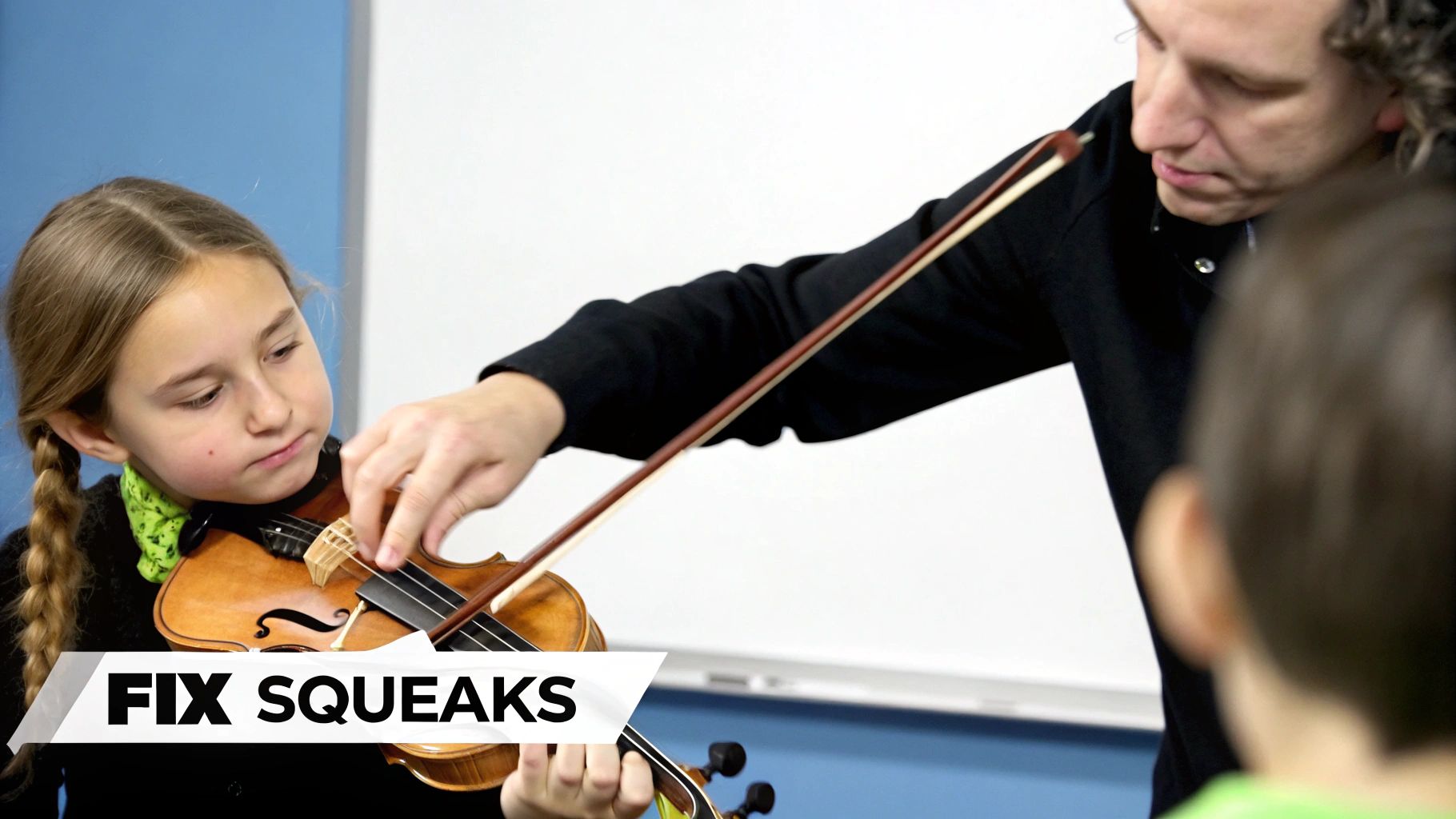 A violin teacher helps a young girl with pigtails improve her bowing technique during a lesson.
