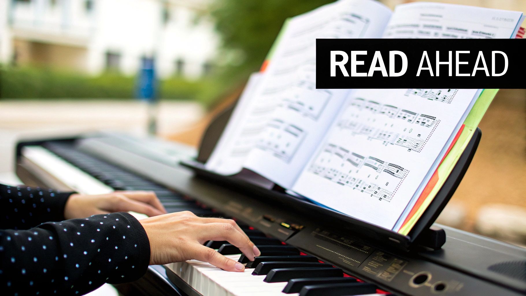 Hands playing a digital piano with sheet music open on the stand, ready to read.