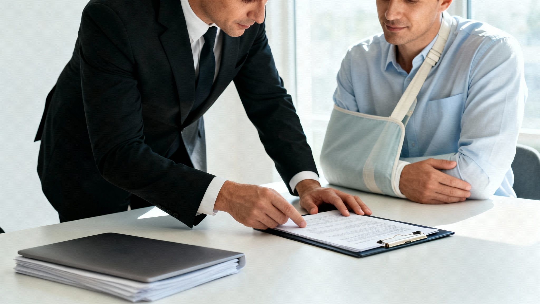 A lawyer in a suit points to documents while consulting an injured client with an arm sling.