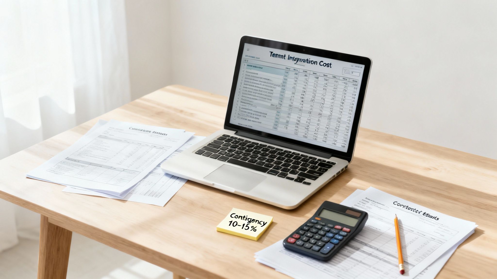 A person working on a tenant improvement budget at a desk with a calculator and blueprints.