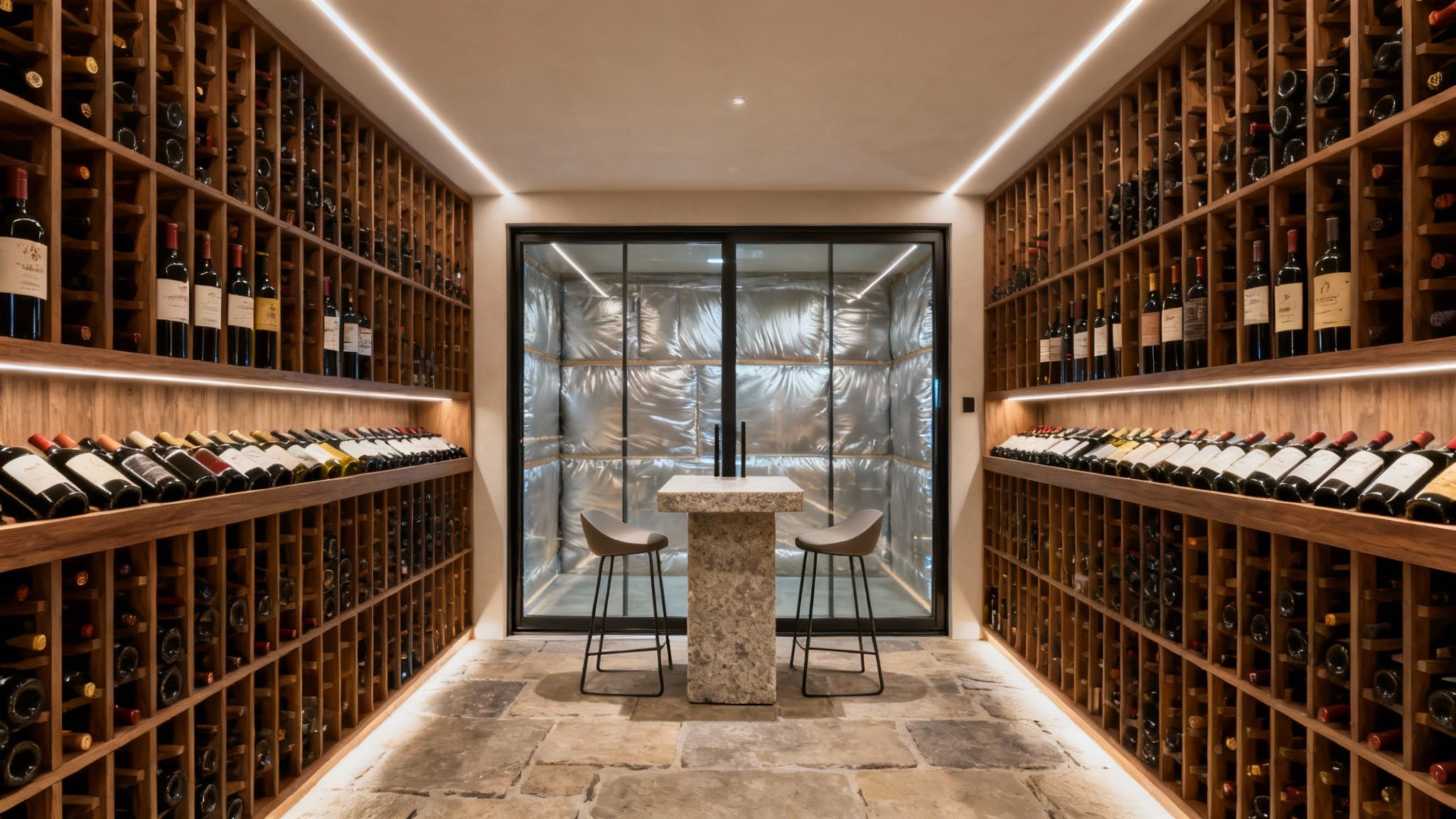 A luxurious basement wine cellar featuring wooden racks filled with wine bottles and a stone table.