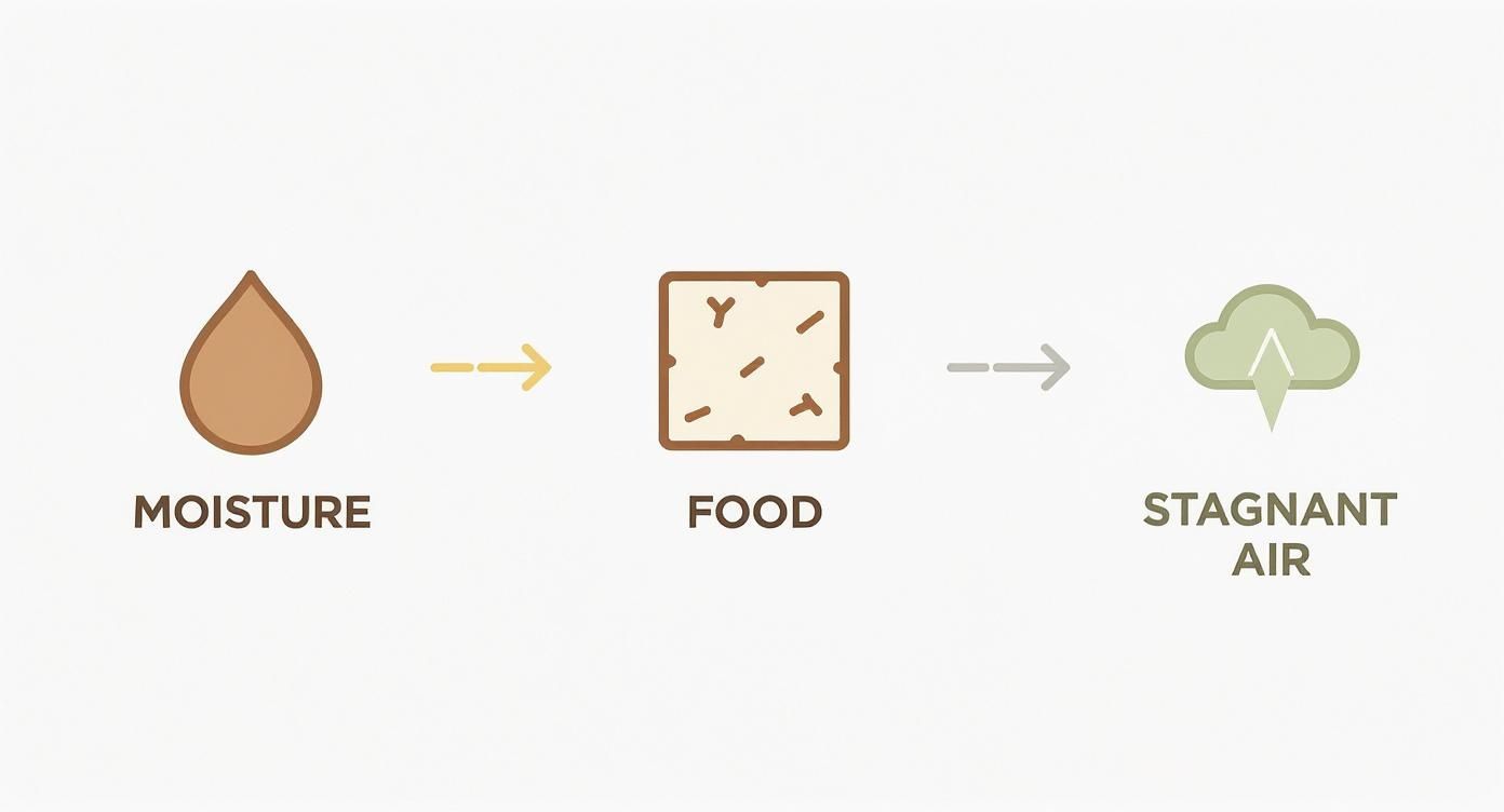 Illustration showing moisture, food, and stagnant air, which are the necessary conditions for mold growth.