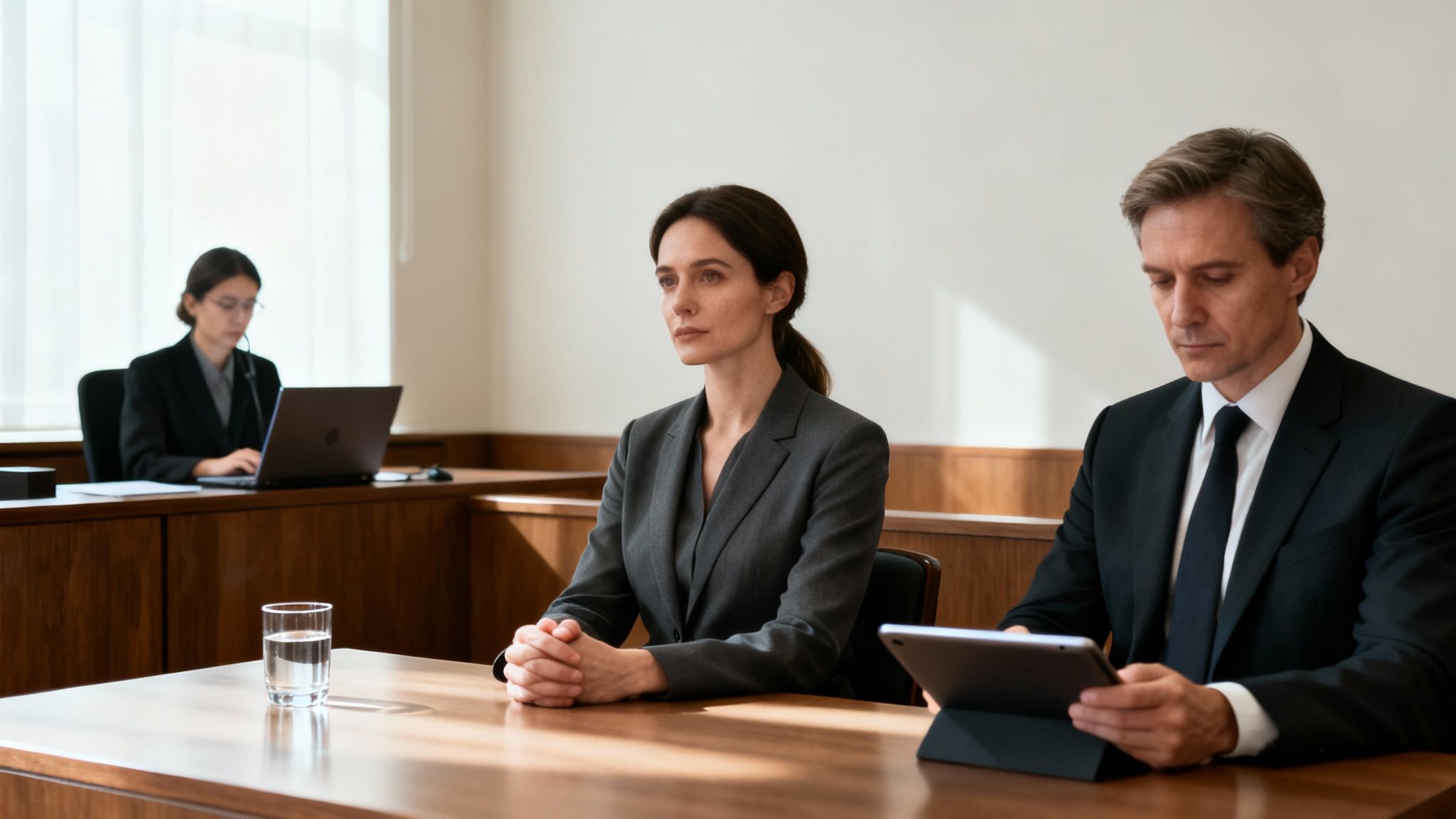 Two lawyers, a man and a woman, prepare for a deposition with a court reporter present.