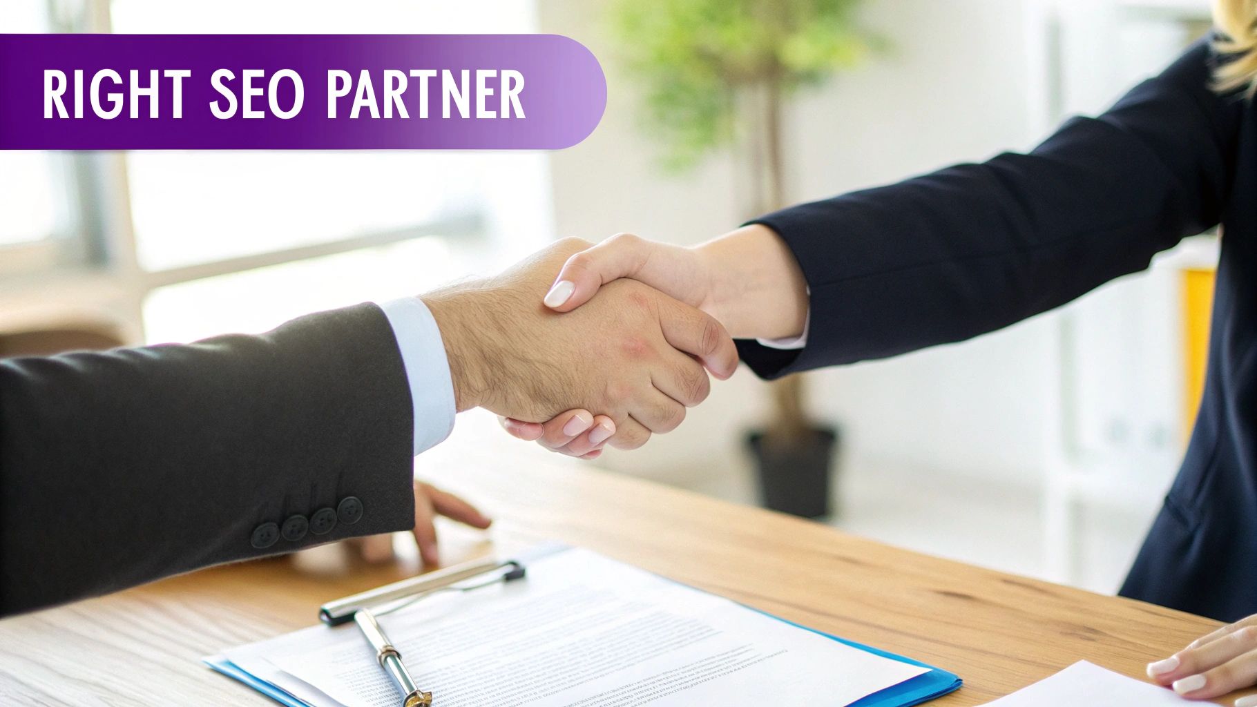 Two professionals shaking hands over a desk with a document, signifying a new SEO partnership.
