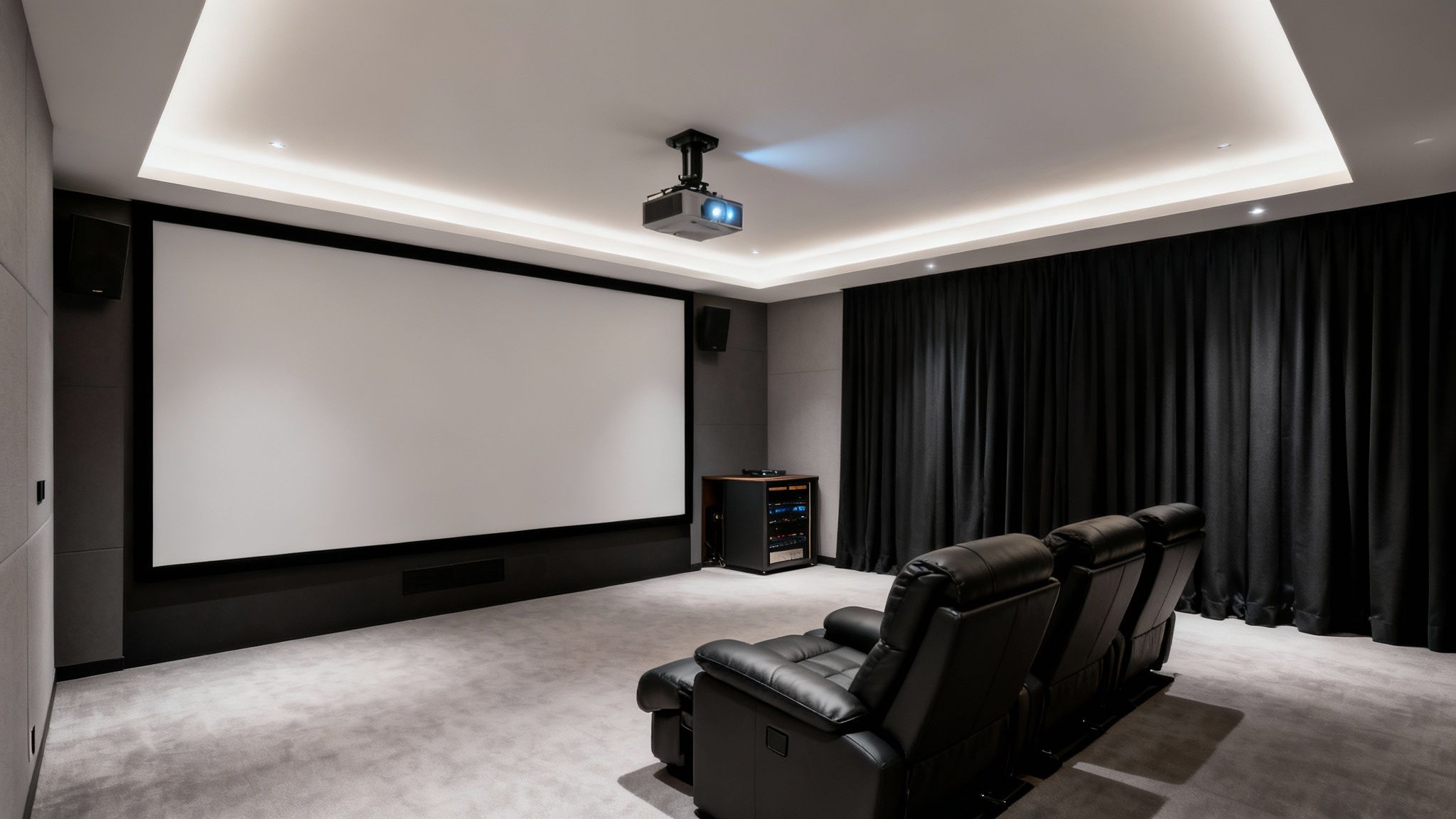 A luxurious home theater room with a large screen, ceiling projector, black leather recliners, and dark acoustic panels.
