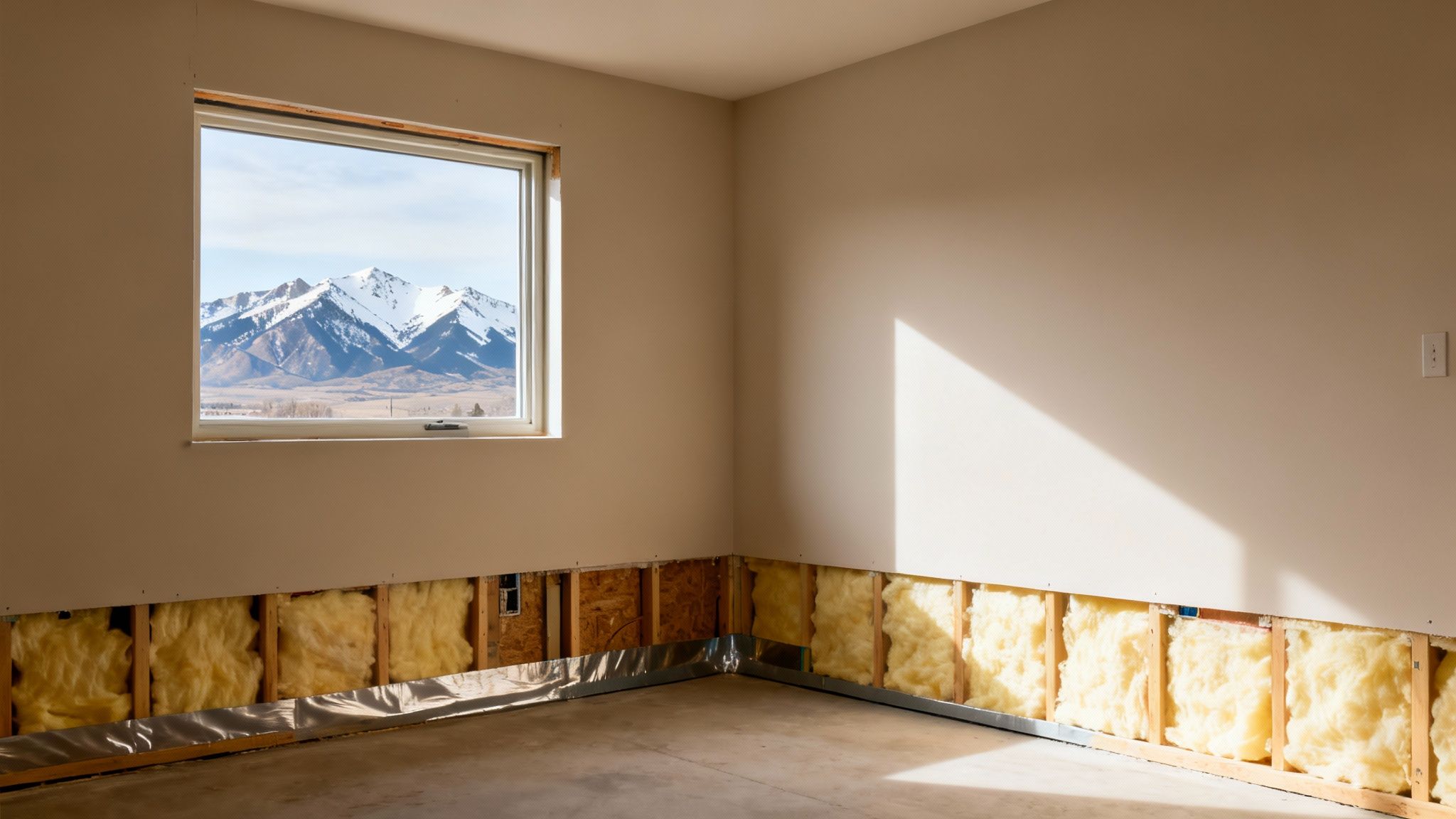 An interior room under renovation with exposed insulation, a window overlooking snowy mountains, and a concrete floor.
