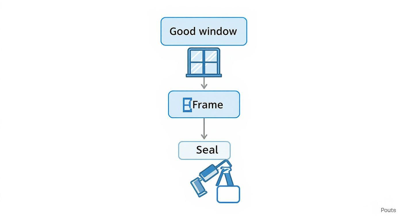 Flowchart illustrating the process of preparing a good window, including frame installation and sealing.