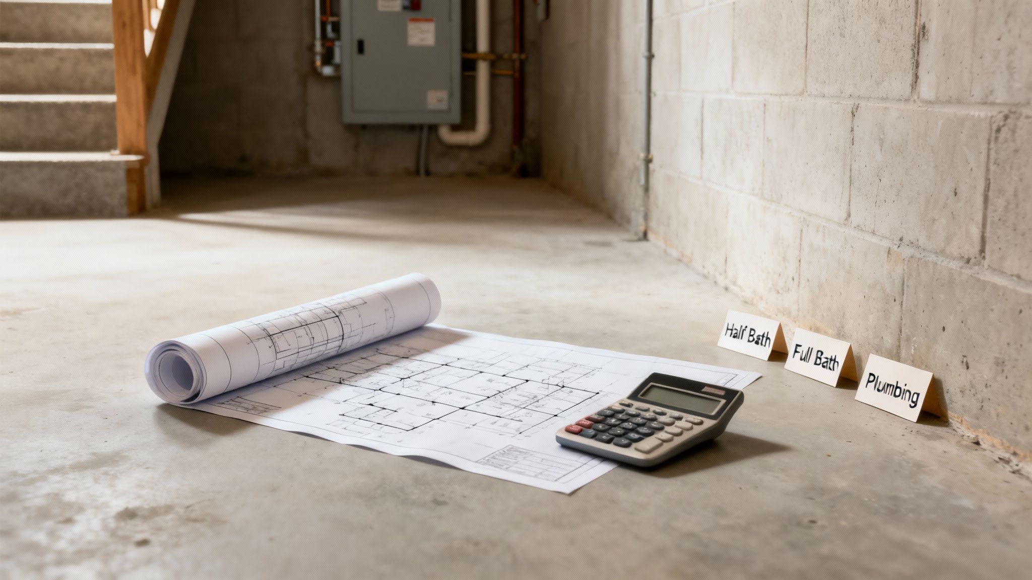 Basement renovation plans with blueprints, a calculator, and signs for 'Half Bath', 'Full Bath', and 'Plumbing'.