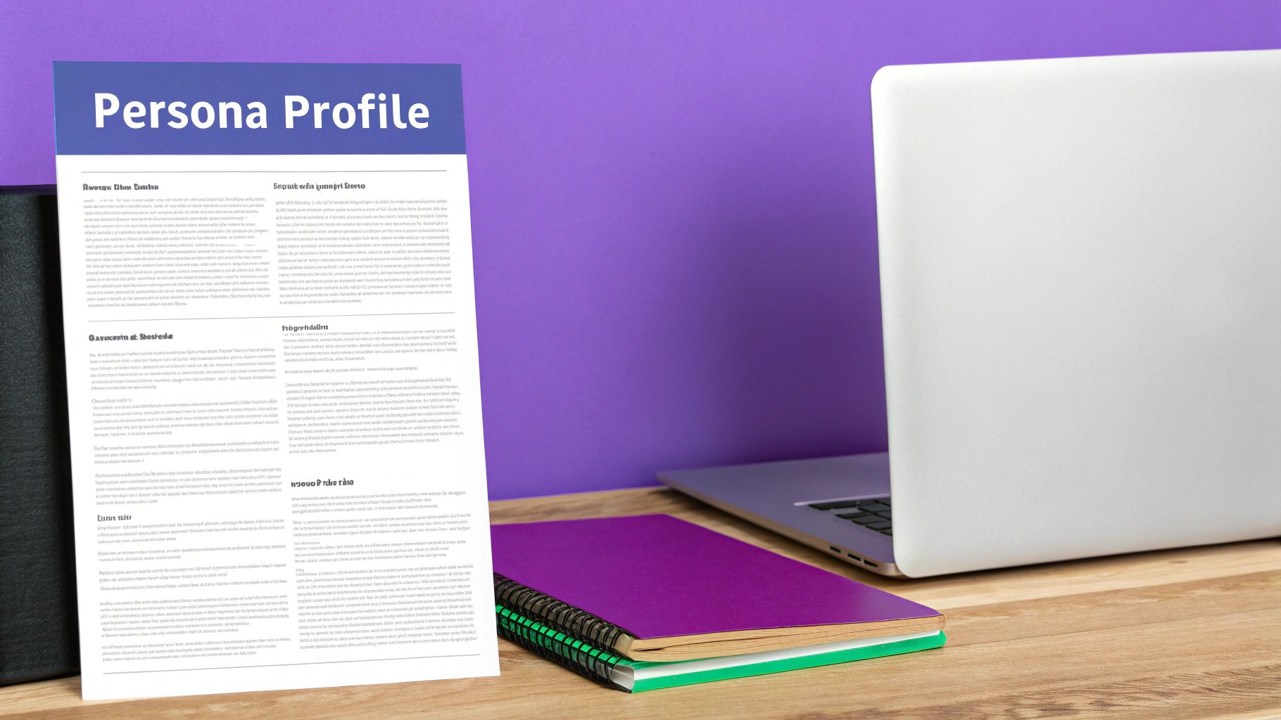 A close-up of a well-designed buyer persona document on a tablet, with sections for goals, challenges, and a personal story.