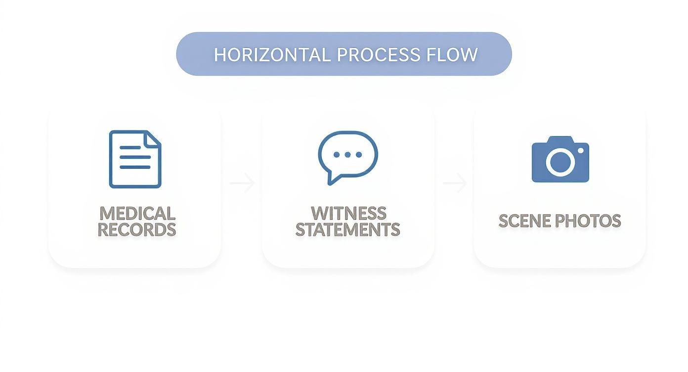 Infographic showing the process of gathering evidence, including medical records, witness statements, and scene photos.