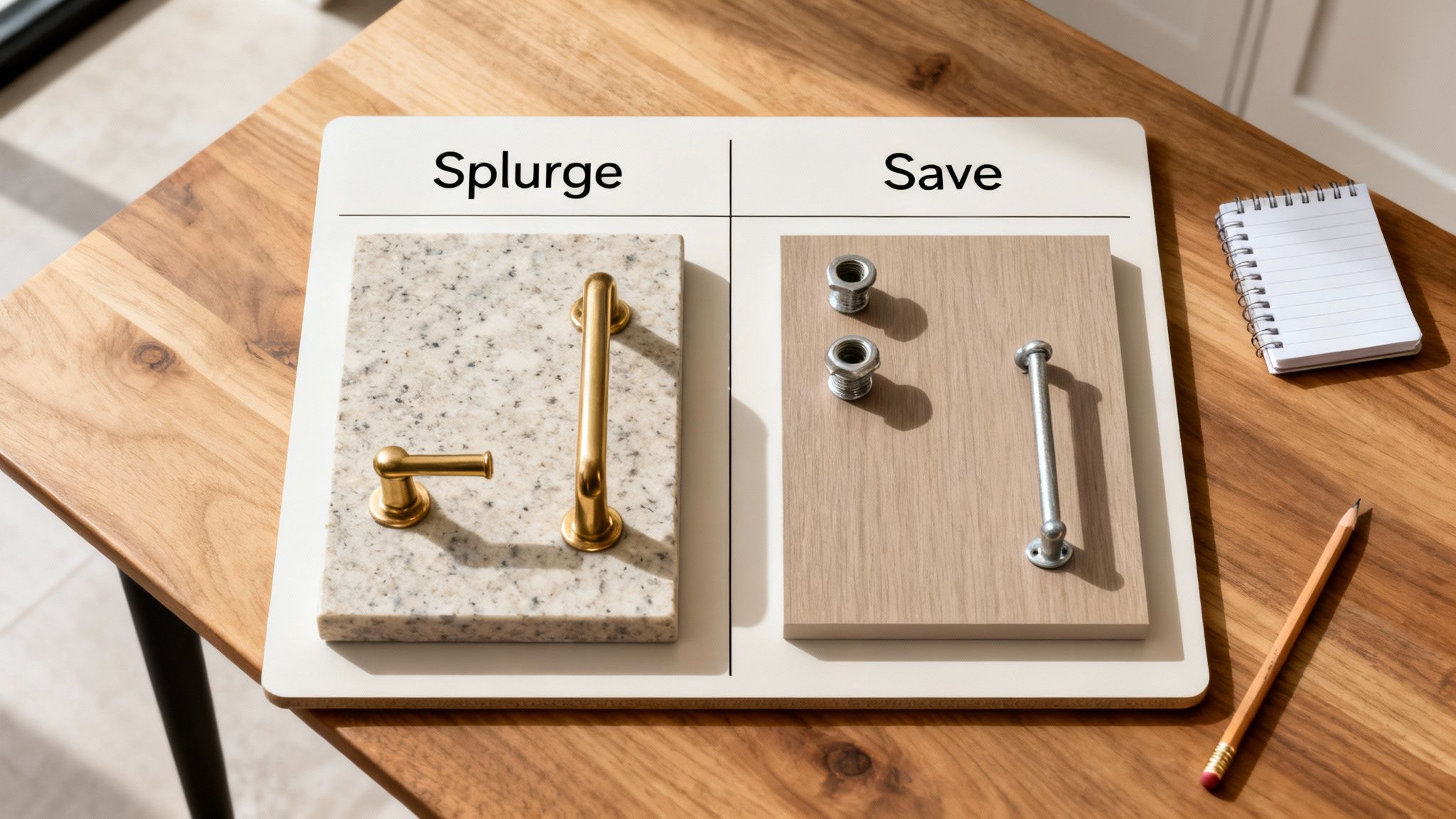 A design board comparing splurge (granite with gold handles) and save (wood with silver hardware) options for kitchen remodels.
