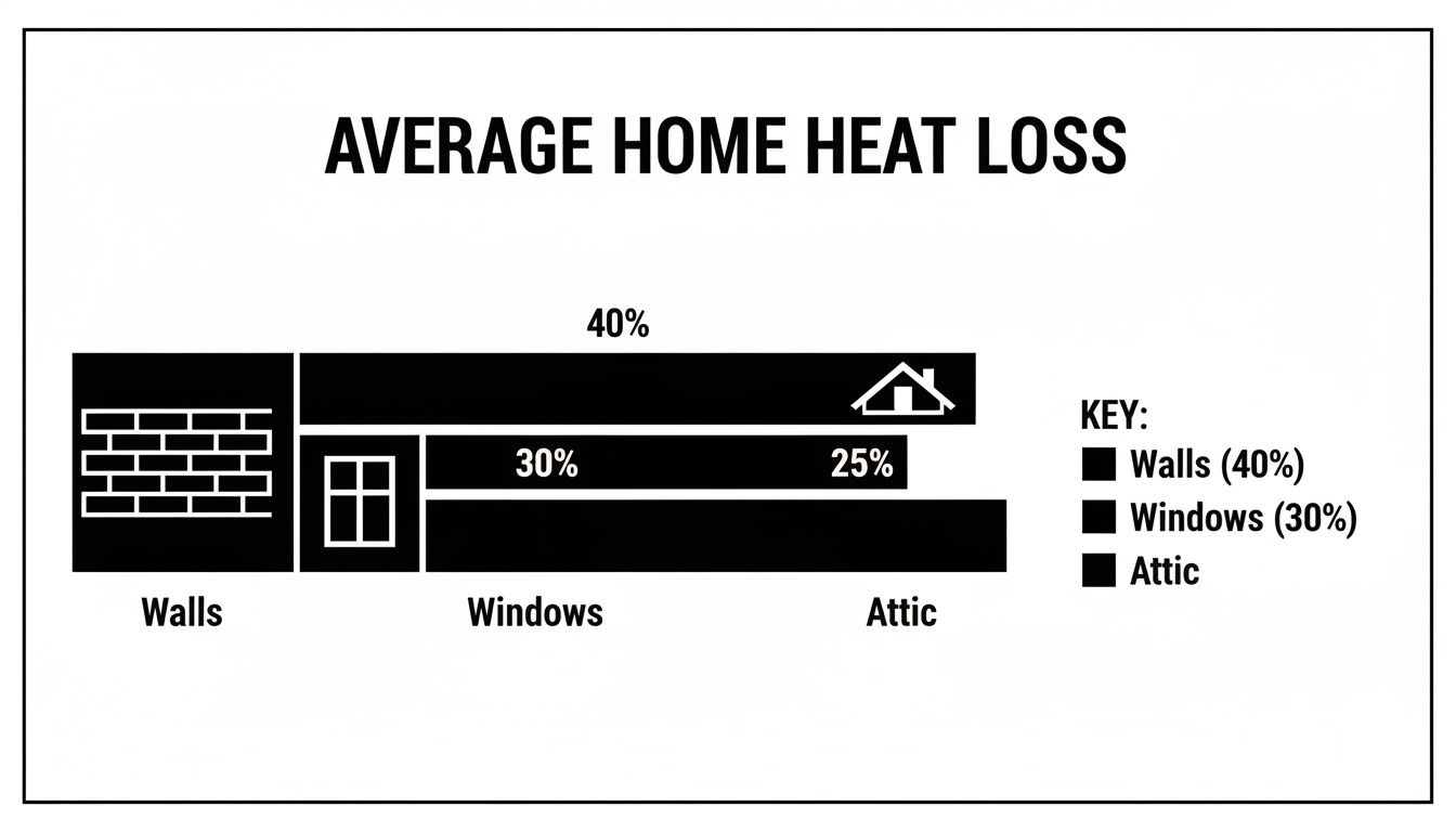 Bar chart illustrating average home heat loss, showing 40% through walls, 30% windows, and 25% attic.