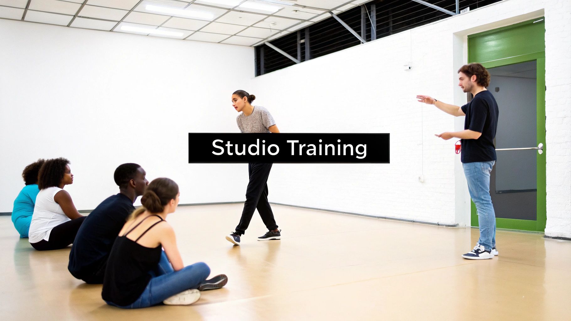 Students observe as an instructor guides a dancer during a studio training session, demonstrating movements.