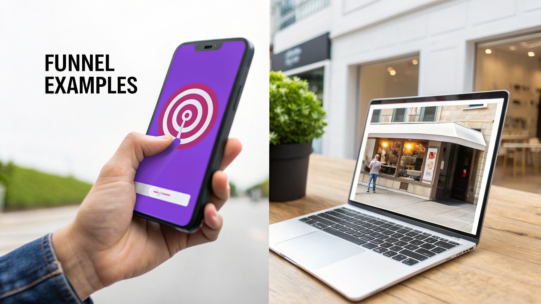 A hand holds a smartphone with a target icon. Next to it, a laptop displays a store, illustrating funnel examples.