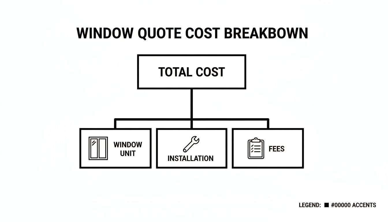 A flowchart detailing the window quote cost breakdown, including total cost, window unit, installation, and fees.
