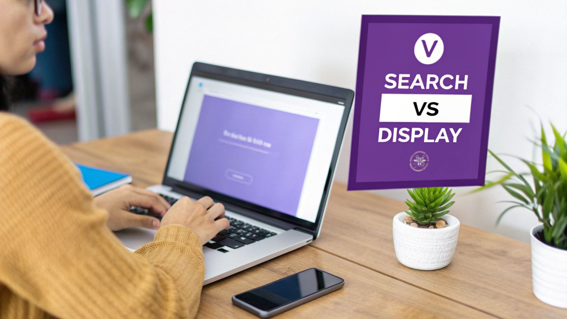 A person types on a laptop next to a 'Search vs Display' sign and small plants on a wooden desk.