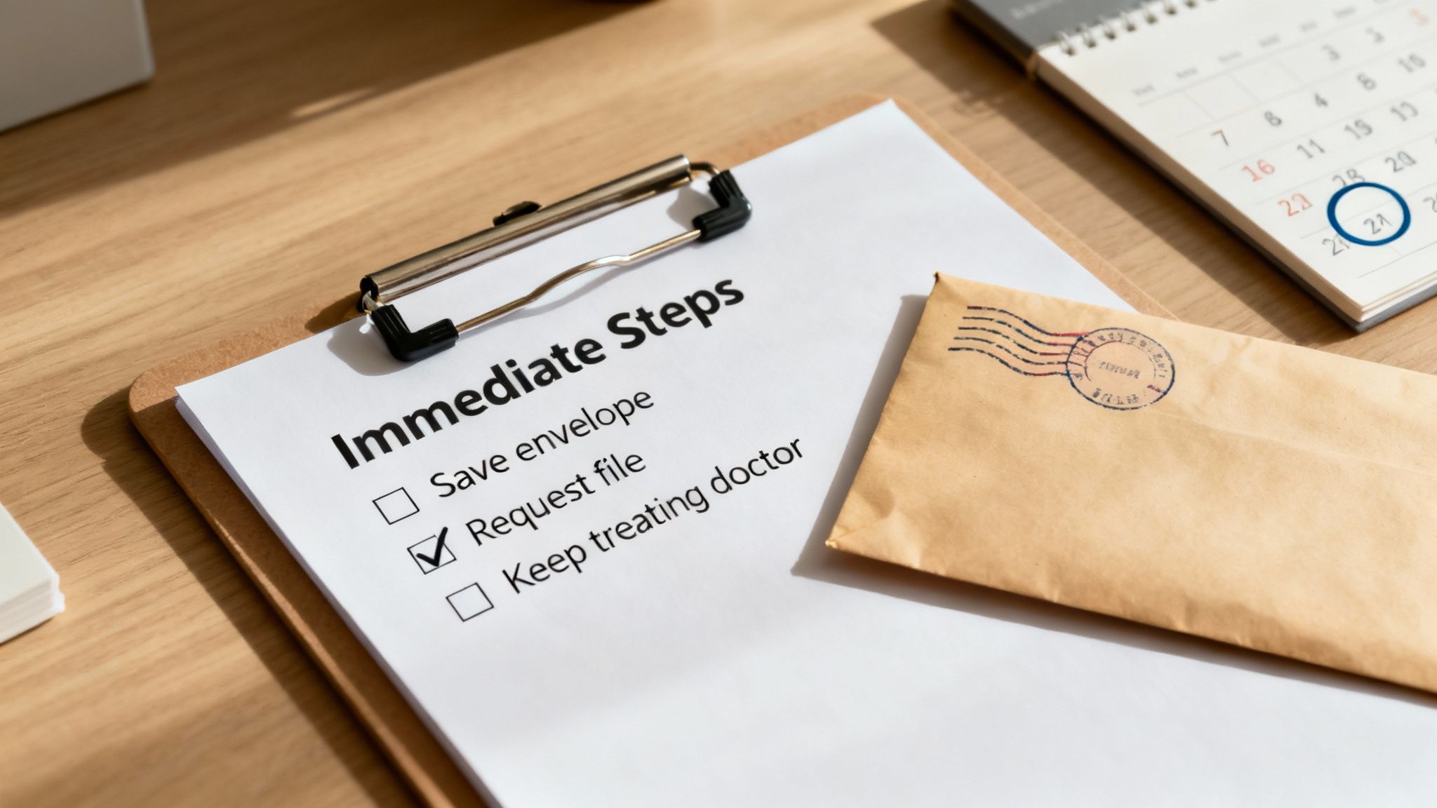 Clipboard with immediate steps checklist for requesting workers compensation medical file and treatment documentation
