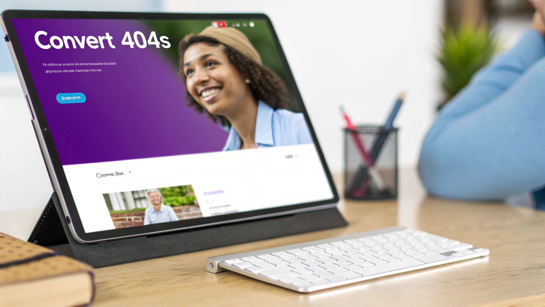 A tablet displaying a 'Convert 404s' webpage on a desk with a keyboard, pens, and a notebook.