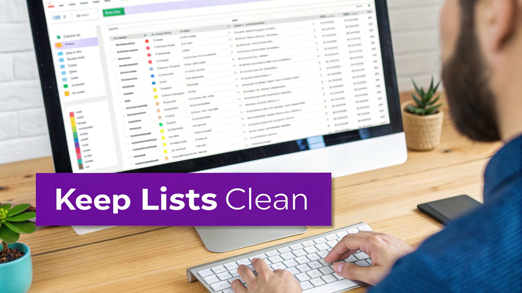 A hand using a tool to clean a digital contact list, symbolizing email list hygiene and maintenance.