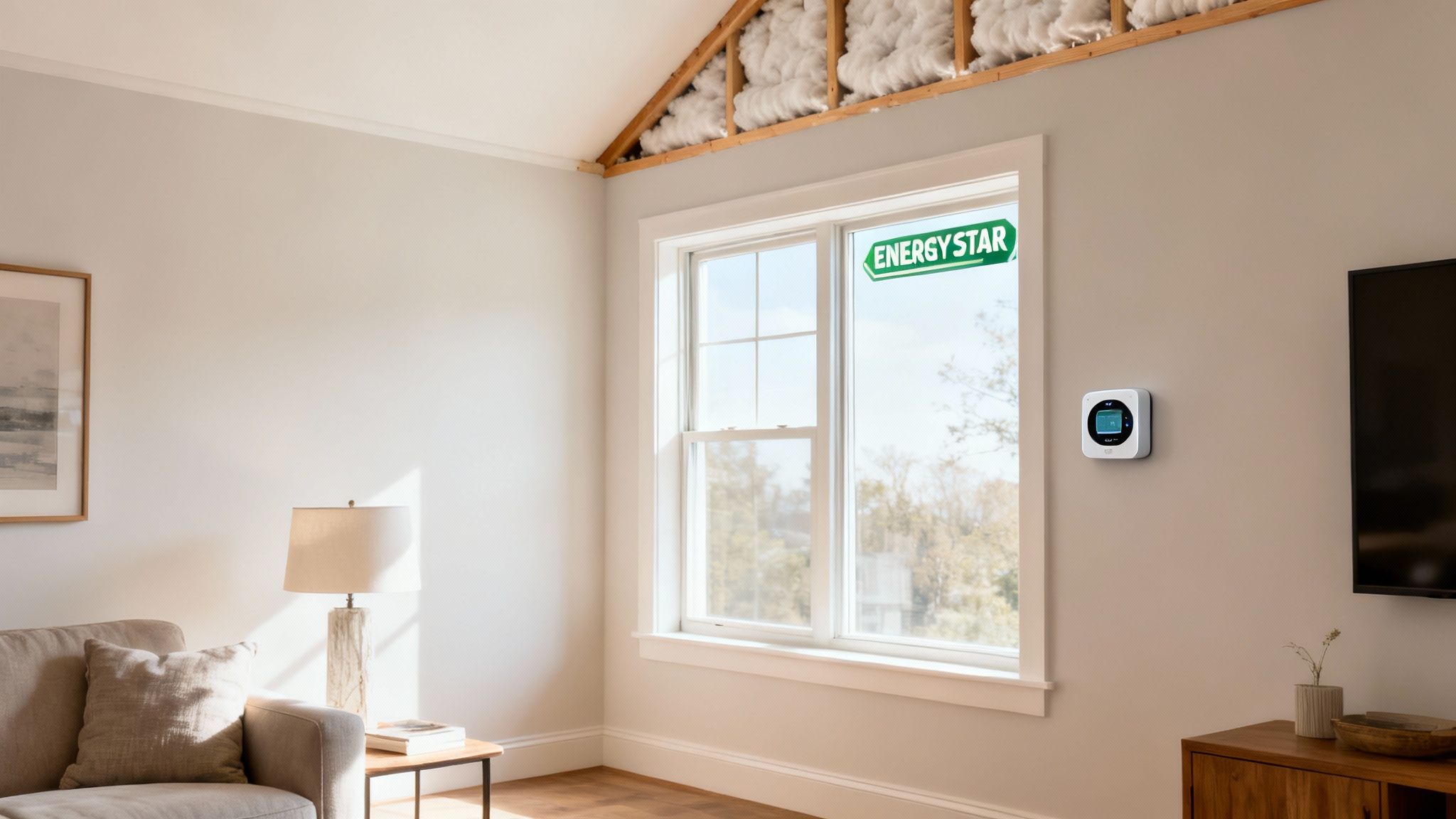 Modern living room with exposed attic insulation, an Energy Star window, and a smart thermostat, emphasizing home efficiency.
