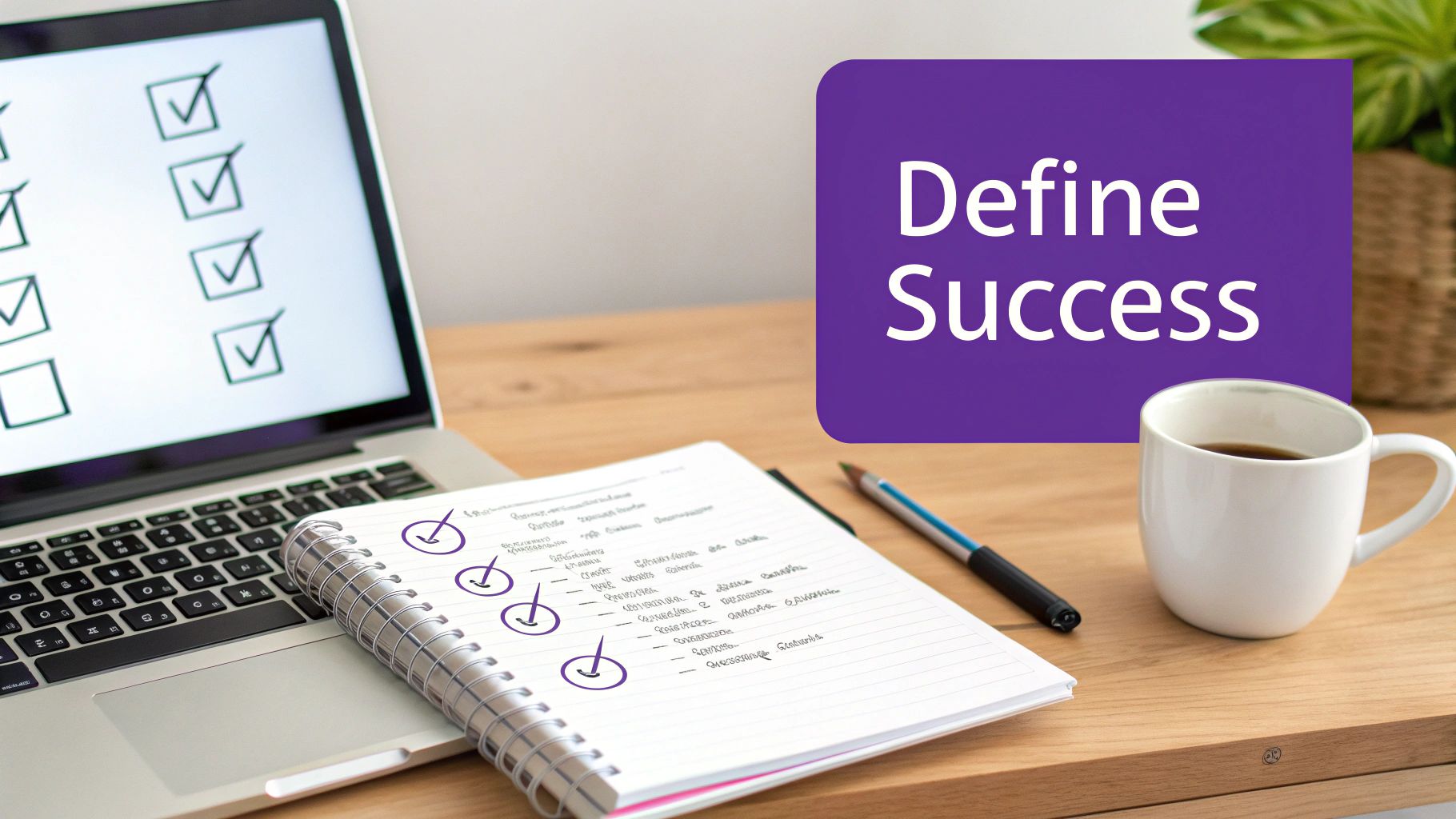 A desk with a laptop displaying a checklist, a notebook with notes, a pen, and a coffee mug, next to a 'Define Success' banner.