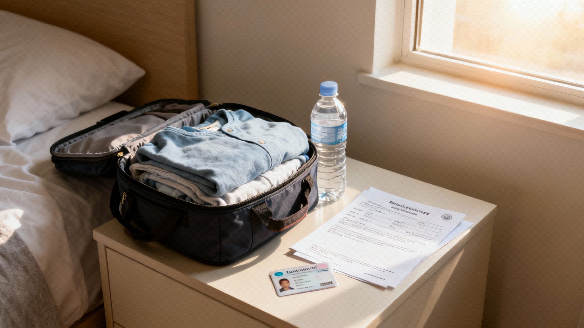 A suitcase packed with clothes, documents, a water bottle, and an ID card on a nightstand, next to a bed.