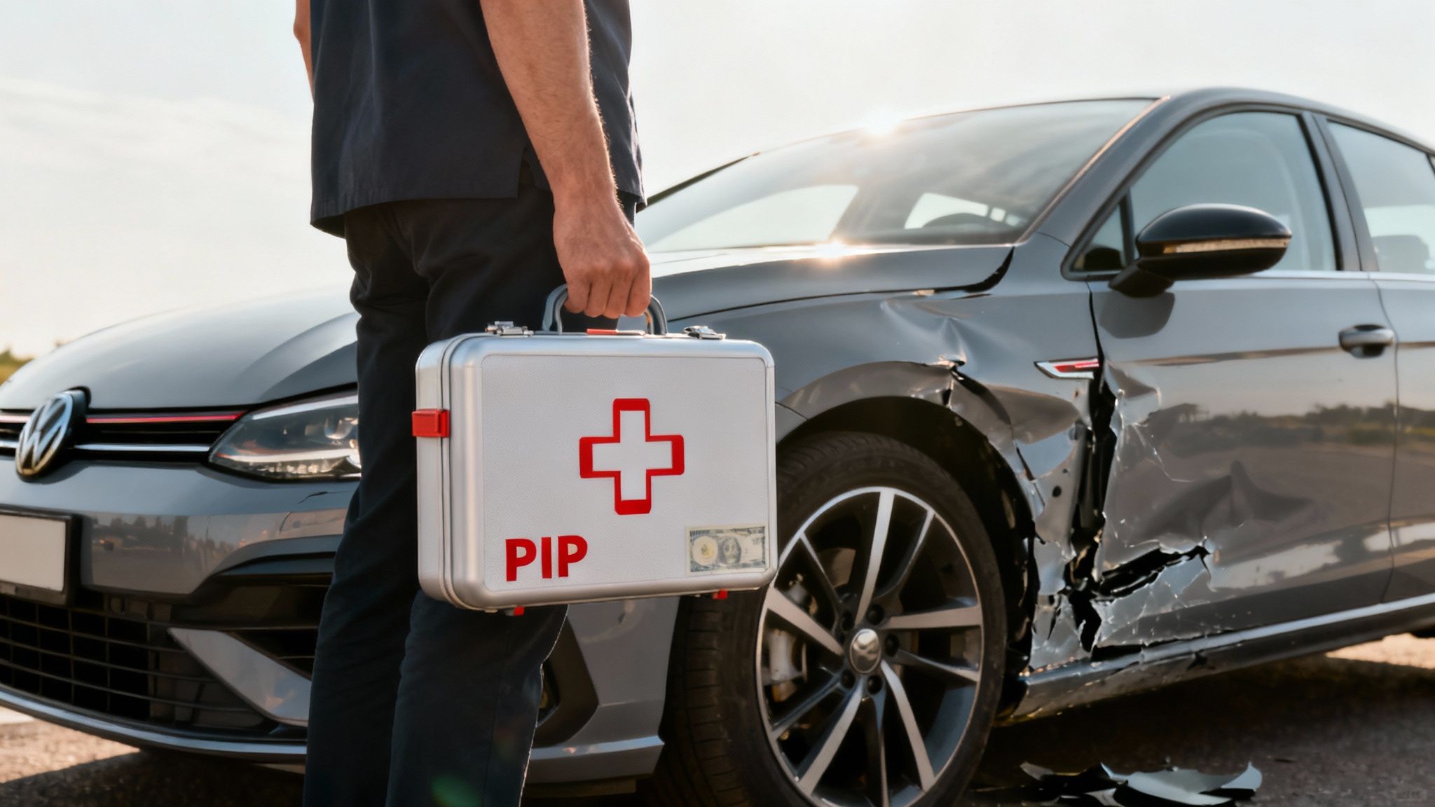 A person sitting at a desk reviewing insurance documents and medical bills after a car accident.