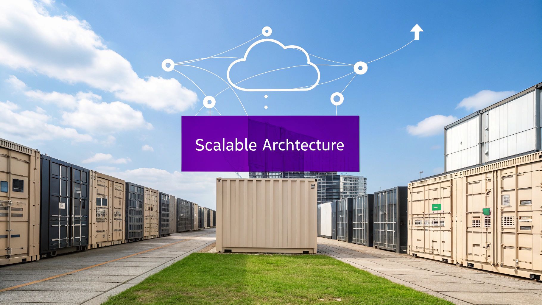 Data center containers under a blue sky with a cloud network diagram and 'Scalable Architecture' text.