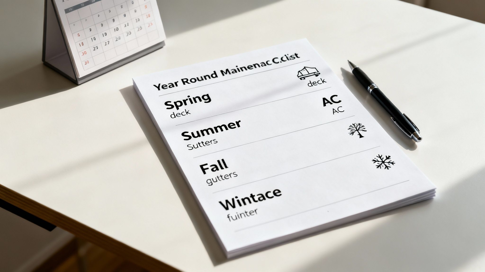 Year-round home maintenance checklist organized by seasonal tasks with calendar and pen on desk