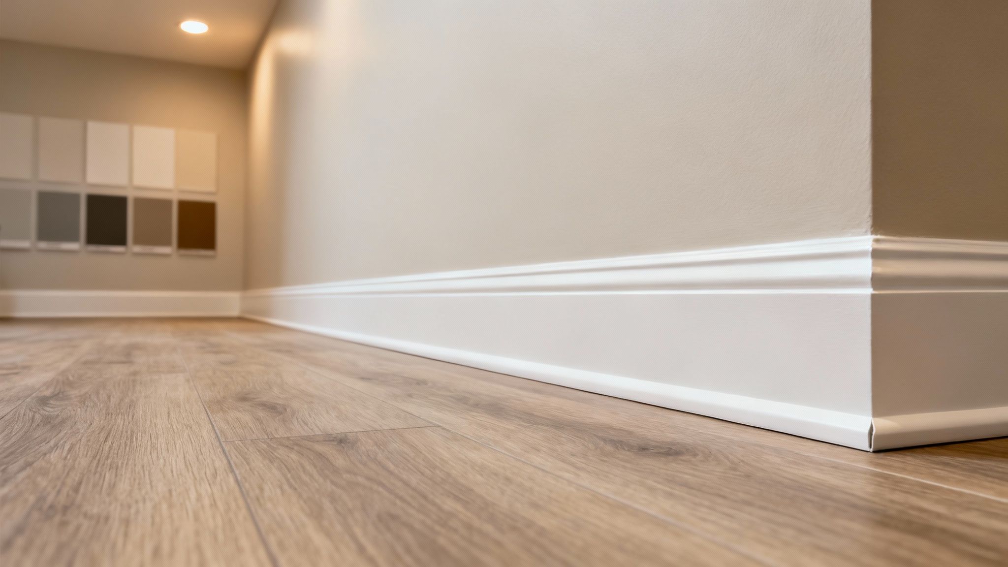 A stylishly finished basement with modern flooring and layered lighting.