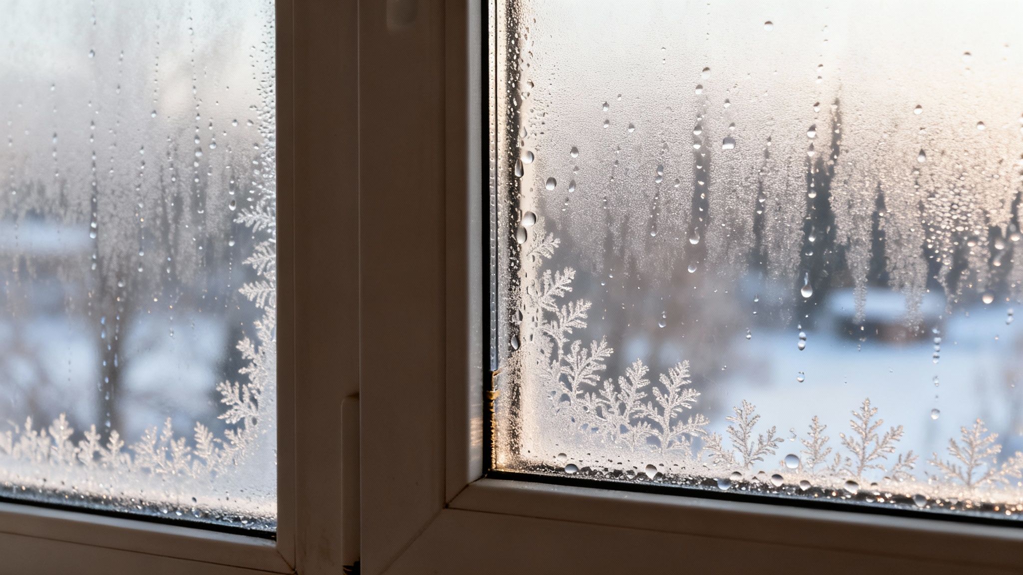A close-up of a frosty window pane with water droplets and intricate ice patterns.
