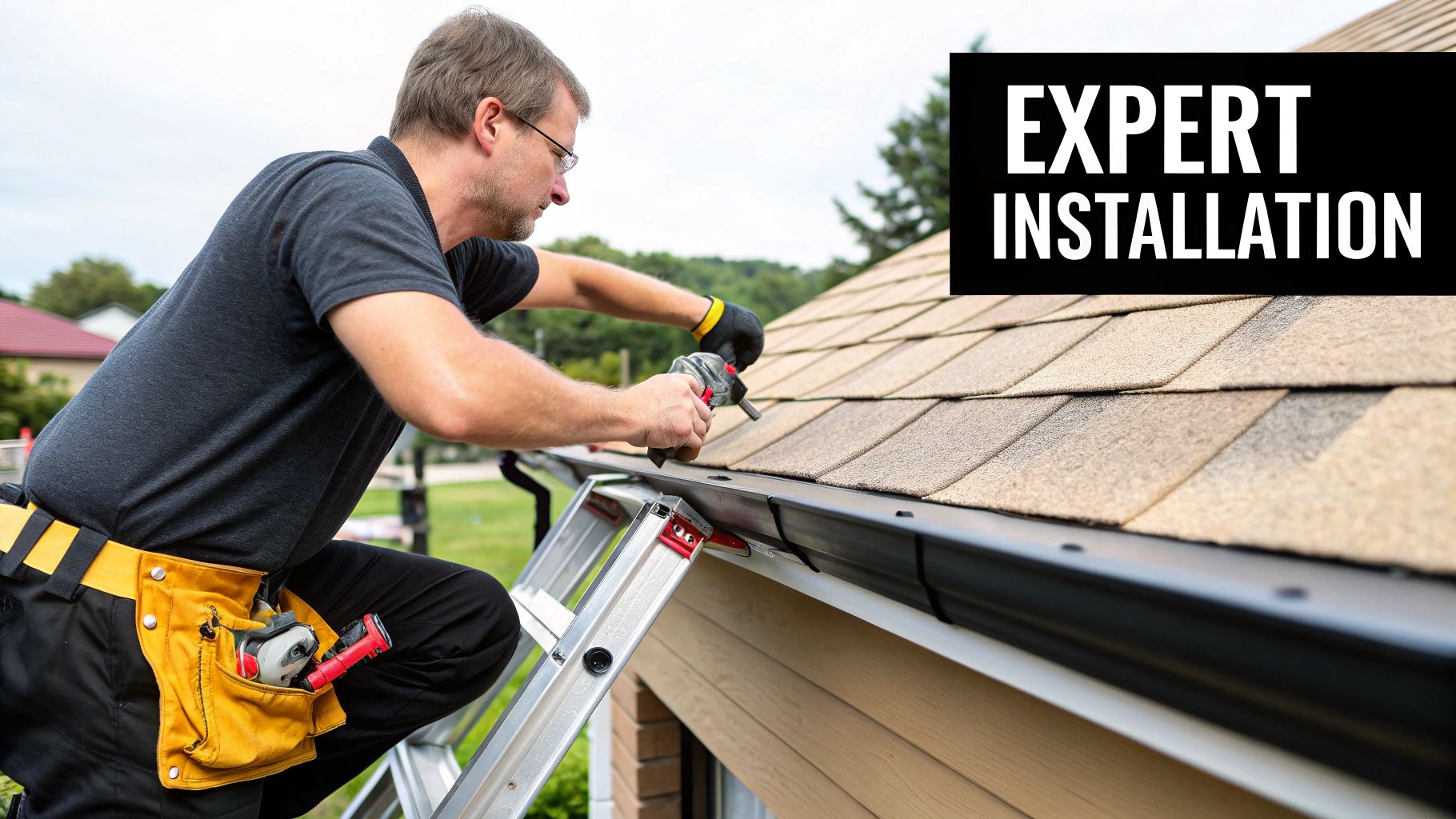 A man on a ladder expertly installs a new black gutter system on a house with a shingle roof.