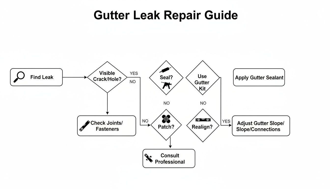 Flowchart illustrating a step-by-step guide on how to repair a gutter leak.