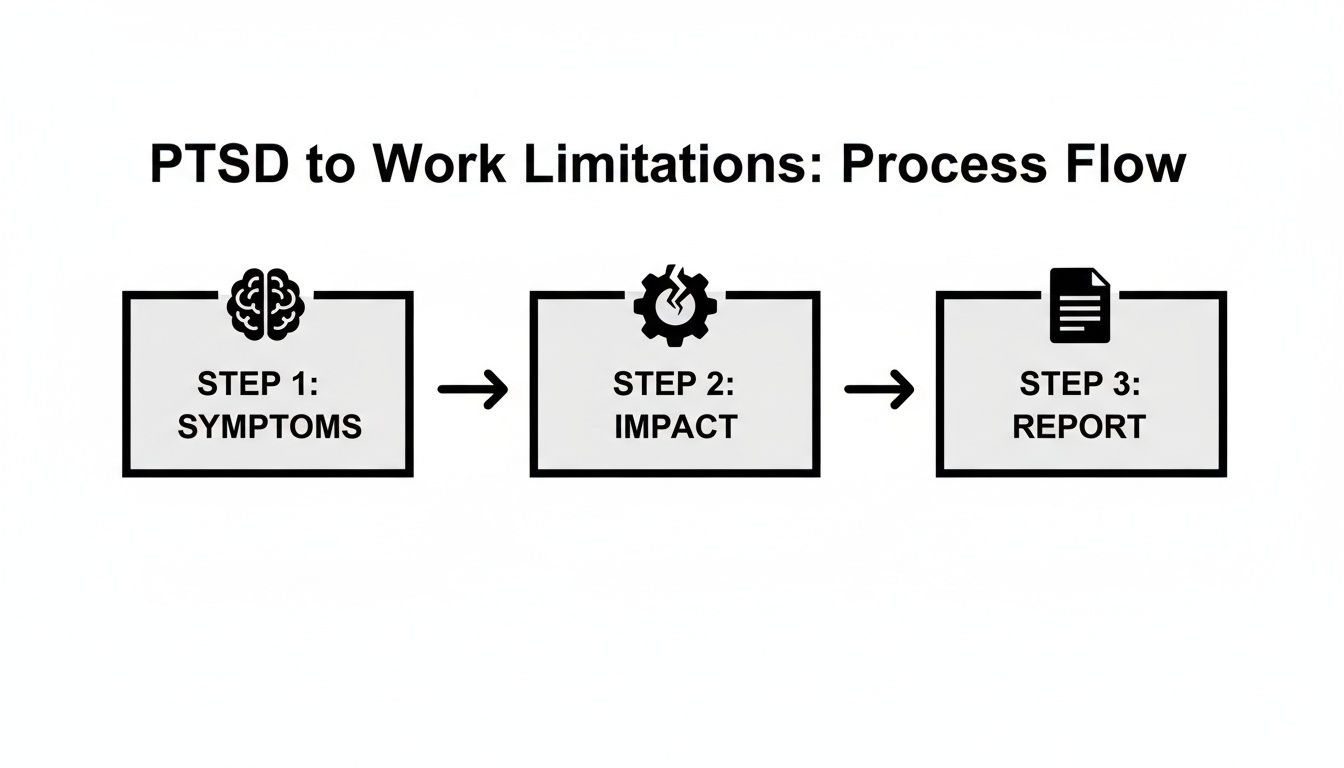 A process flow diagram illustrating three steps from PTSD symptoms to work limitations and reporting.