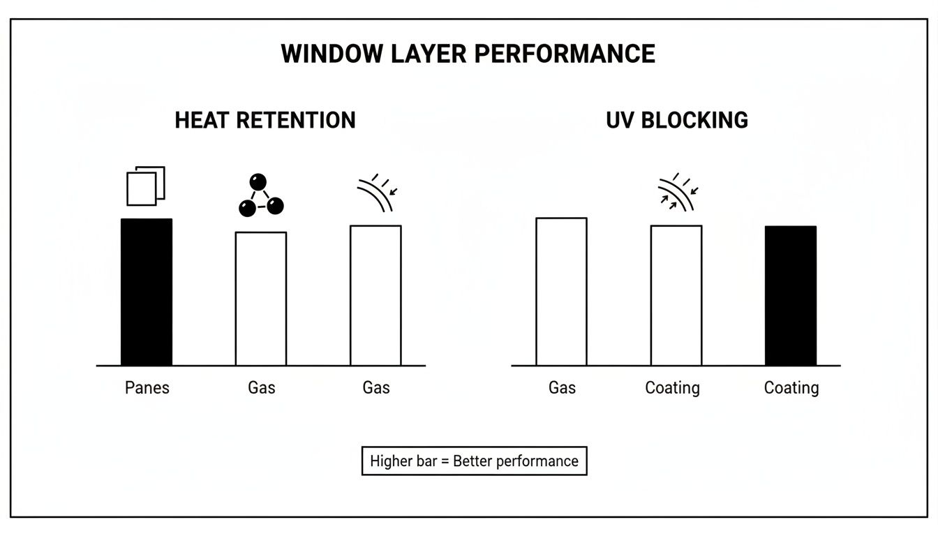 Bar chart illustrating window layer performance, with panes best for heat retention and gas for UV blocking.
