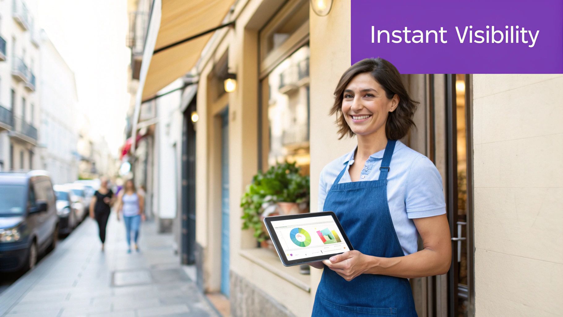 Smiling small business owner holds a tablet showing data analytics charts outside her shop.