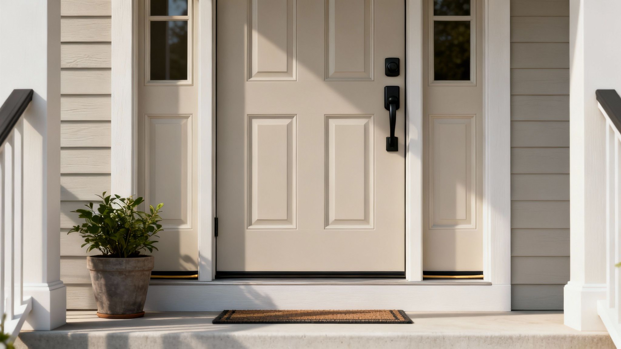 A welcoming front porch with a beige door, potted plant, and doormat, under sunlight.